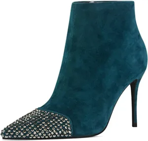XYD Women Elegant Cap Toe Ankle Short Boots Rhinestone Studded Two Toned Side Zipper Stiletto Heels Booties Fall Winter Office Dress Party Daily Work Shoes