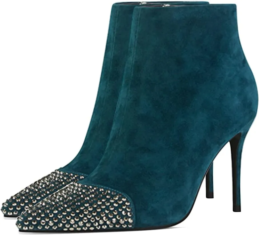 XYD Women Elegant Cap Toe Ankle Short Boots Rhinestone Studded Two Toned Side Zipper Stiletto Heels Booties Fall Winter Office Dress Party Daily Work Shoes