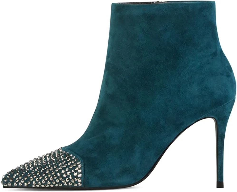 XYD Women Elegant Cap Toe Ankle Short Boots Rhinestone Studded Two Toned Side Zipper Stiletto Heels Booties Fall Winter Office Dress Party Daily Work Shoes
