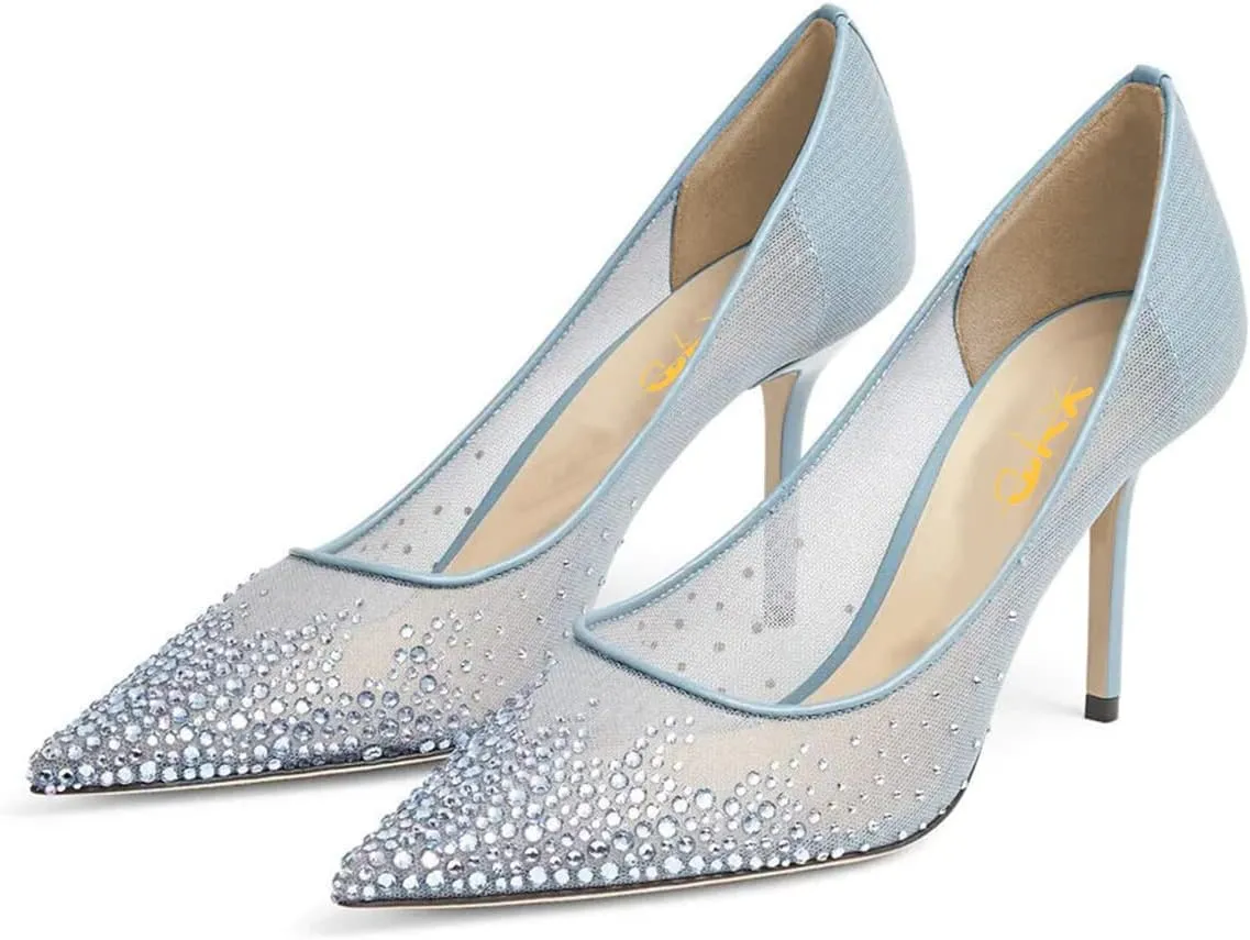 XYD Women Elegant High Heel Pumps Rhinestones Crystals Mesh Slip On Pointed Toe Evening Bridal Shoes