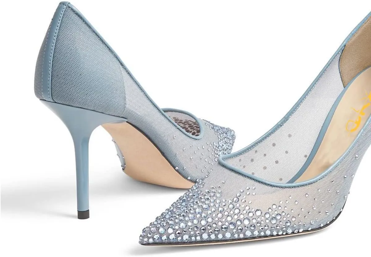 XYD Women Elegant High Heel Pumps Rhinestones Crystals Mesh Slip On Pointed Toe Evening Bridal Shoes