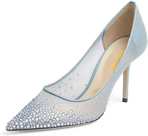 XYD Women Elegant High Heel Pumps Rhinestones Crystals Mesh Slip On Pointed Toe Evening Bridal Shoes