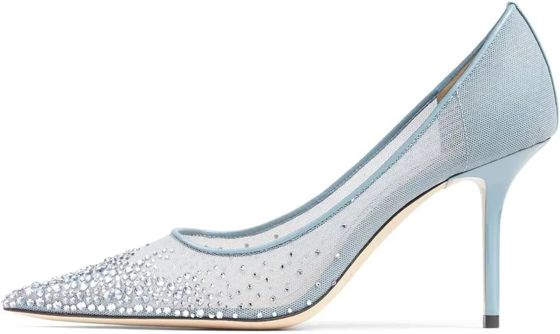 XYD Women Elegant High Heel Pumps Rhinestones Crystals Mesh Slip On Pointed Toe Evening Bridal Shoes