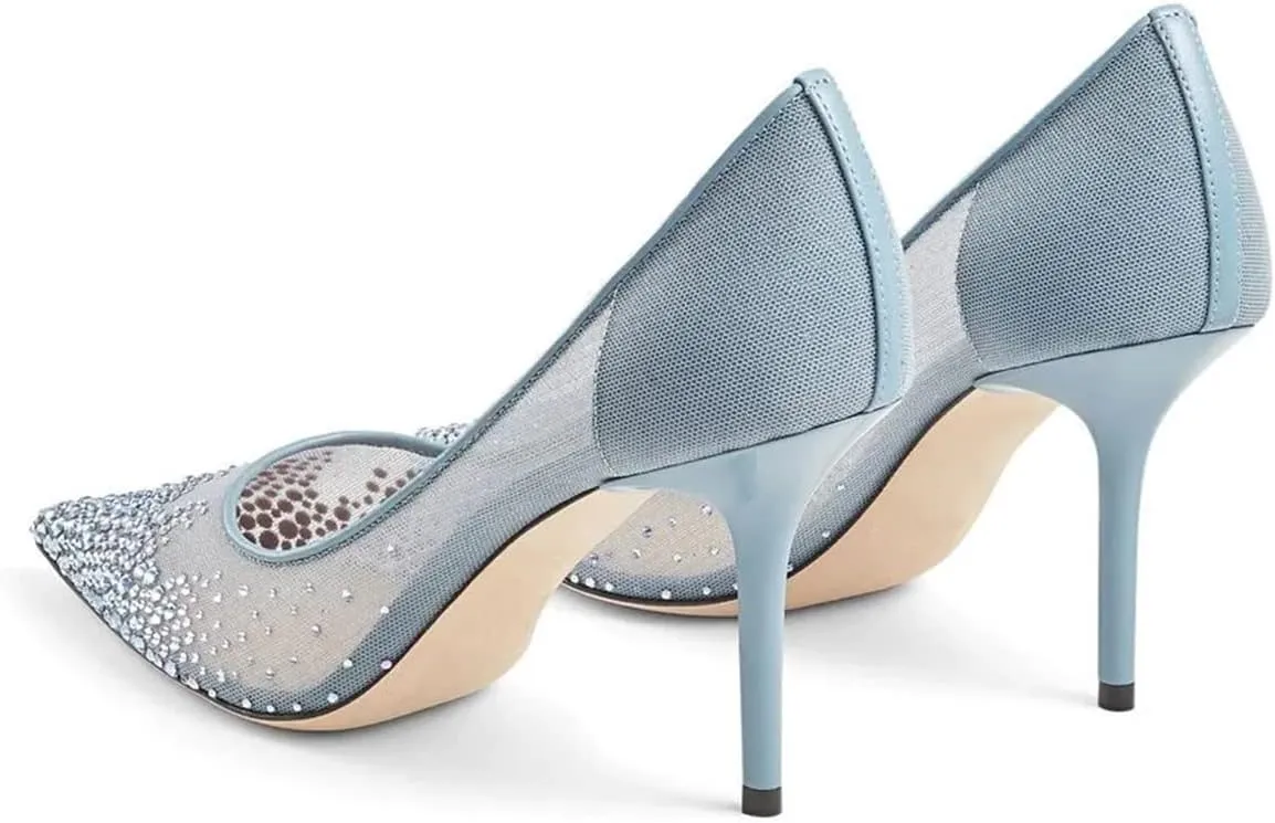 XYD Women Elegant High Heel Pumps Rhinestones Crystals Mesh Slip On Pointed Toe Evening Bridal Shoes