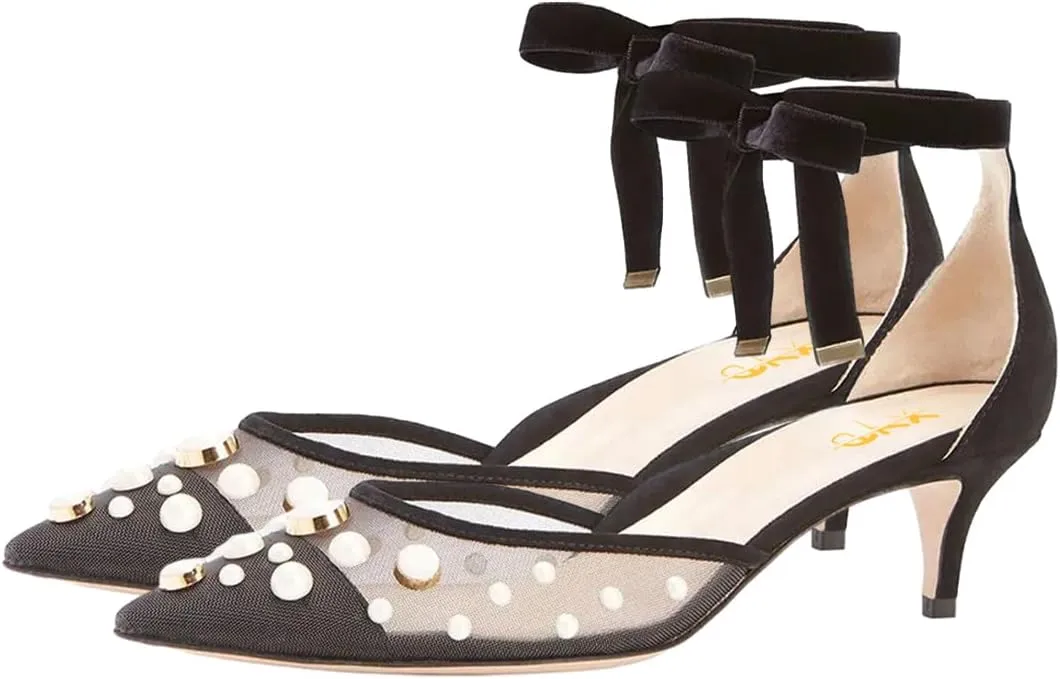 XYD Women Elegant Kitten Heel Mesh D'Orsay Velvet Ankle Strap Pumps Pointed Toe Cap Pearls Beaded Comfort Wedding Bridal Party Dress Shoes