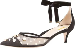 XYD Women Elegant Kitten Heel Mesh D'Orsay Velvet Ankle Strap Pumps Pointed Toe Cap Pearls Beaded Comfort Wedding Bridal Party Dress Shoes