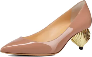XYD Women Elegant Mid Scallop Shape Heel Slip On Closed Pointy Toe Pumps Party Event Office Work Shoes