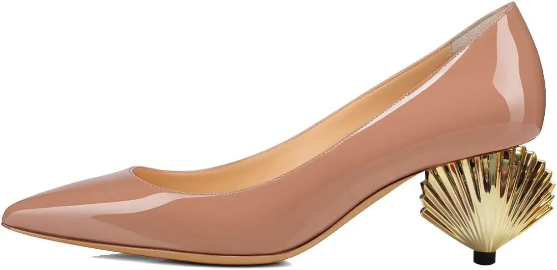 XYD Women Elegant Mid Scallop Shape Heel Slip On Closed Pointy Toe Pumps Party Event Office Work Shoes