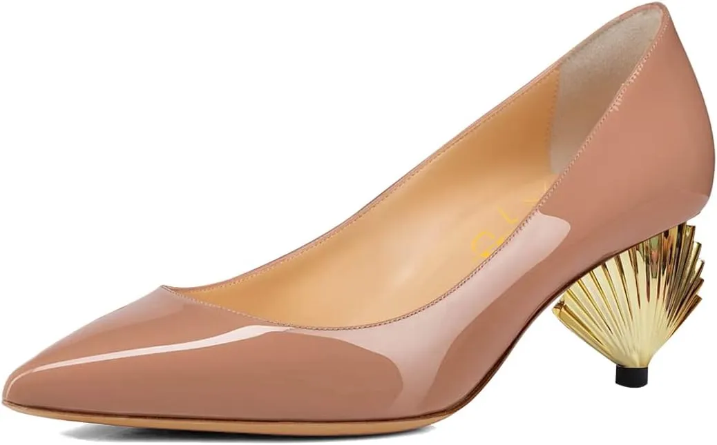 XYD Women Elegant Mid Scallop Shape Heel Slip On Closed Pointy Toe Pumps Party Event Office Work Shoes
