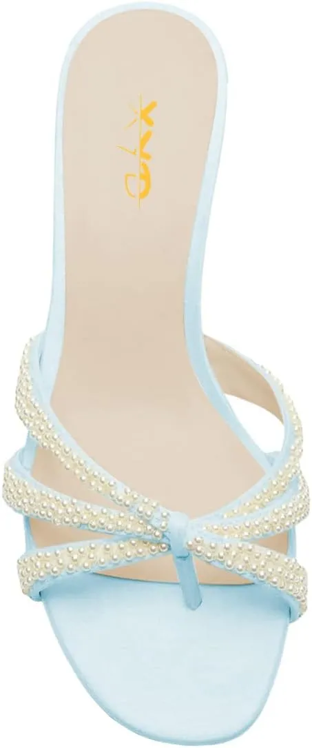 XYD Women Pearl Kitten Mules Open Toe Low Heel Sandals Slip On Beaded Straps Summer Elegant Party Shoes