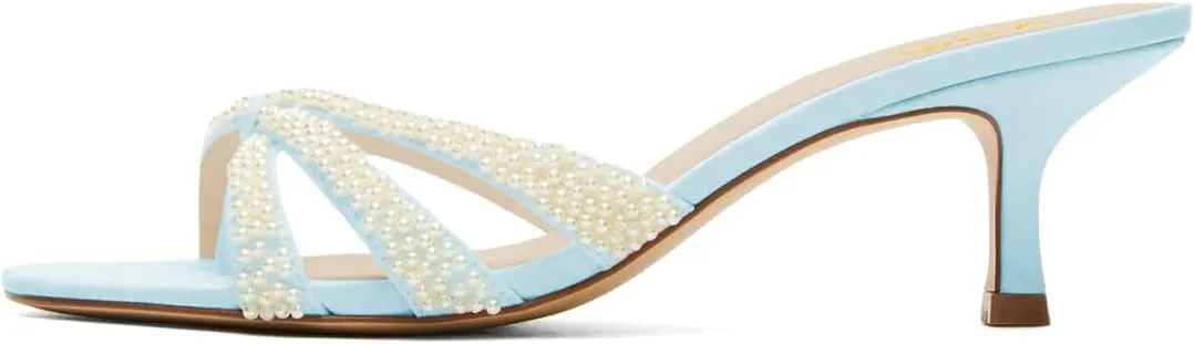 XYD Women Pearl Kitten Mules Open Toe Low Heel Sandals Slip On Beaded Straps Summer Elegant Party Shoes