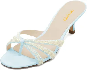 XYD Women Pearl Kitten Mules Open Toe Low Heel Sandals Slip On Beaded Straps Summer Elegant Party Shoes