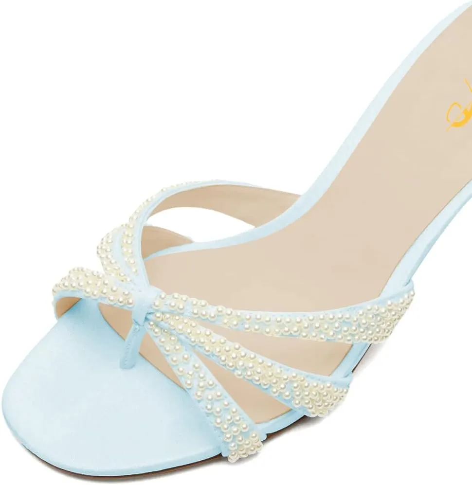 XYD Women Pearl Kitten Mules Open Toe Low Heel Sandals Slip On Beaded Straps Summer Elegant Party Shoes