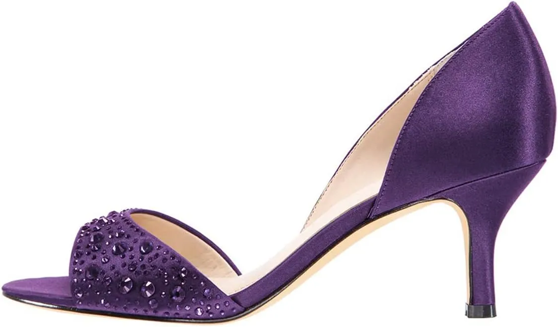 XYD Women Peep Toe Rhinestones Crystals D'Orsay Sandals Mid Thin Heels Slip-on Bridal Evening Satin Shoes