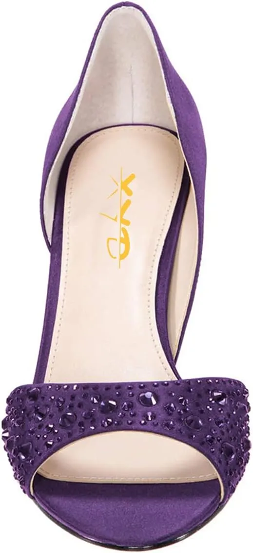 XYD Women Peep Toe Rhinestones Crystals D'Orsay Sandals Mid Thin Heels Slip-on Bridal Evening Satin Shoes