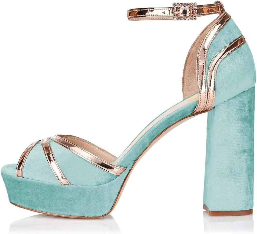 XYD Women Plated Block Heel Peep Toe Velvet Sandals Ankle Strap Platform Buckle Pumps Elegant Party Bridal Shoes