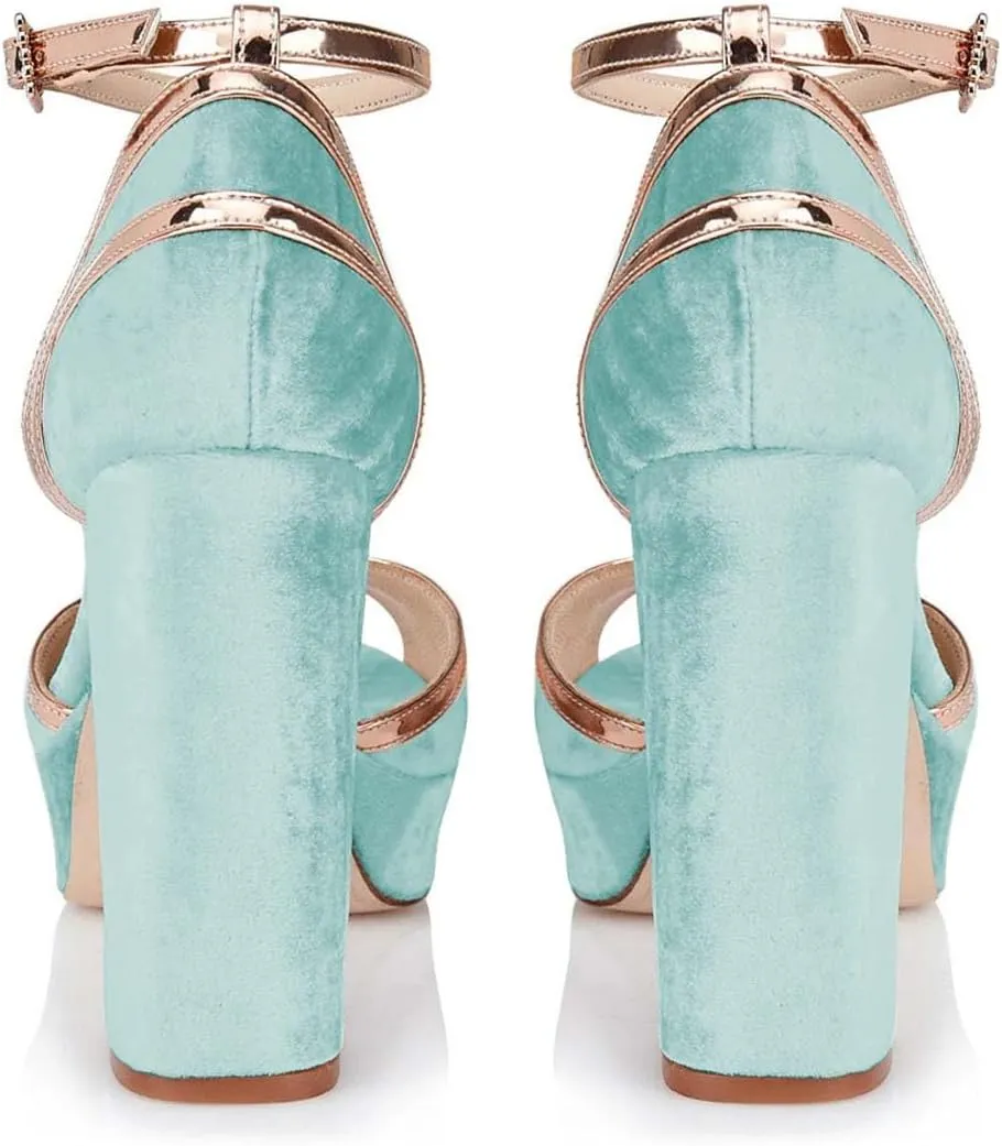 XYD Women Plated Block Heel Peep Toe Velvet Sandals Ankle Strap Platform Buckle Pumps Elegant Party Bridal Shoes