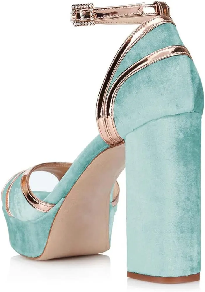 XYD Women Plated Block Heel Peep Toe Velvet Sandals Ankle Strap Platform Buckle Pumps Elegant Party Bridal Shoes