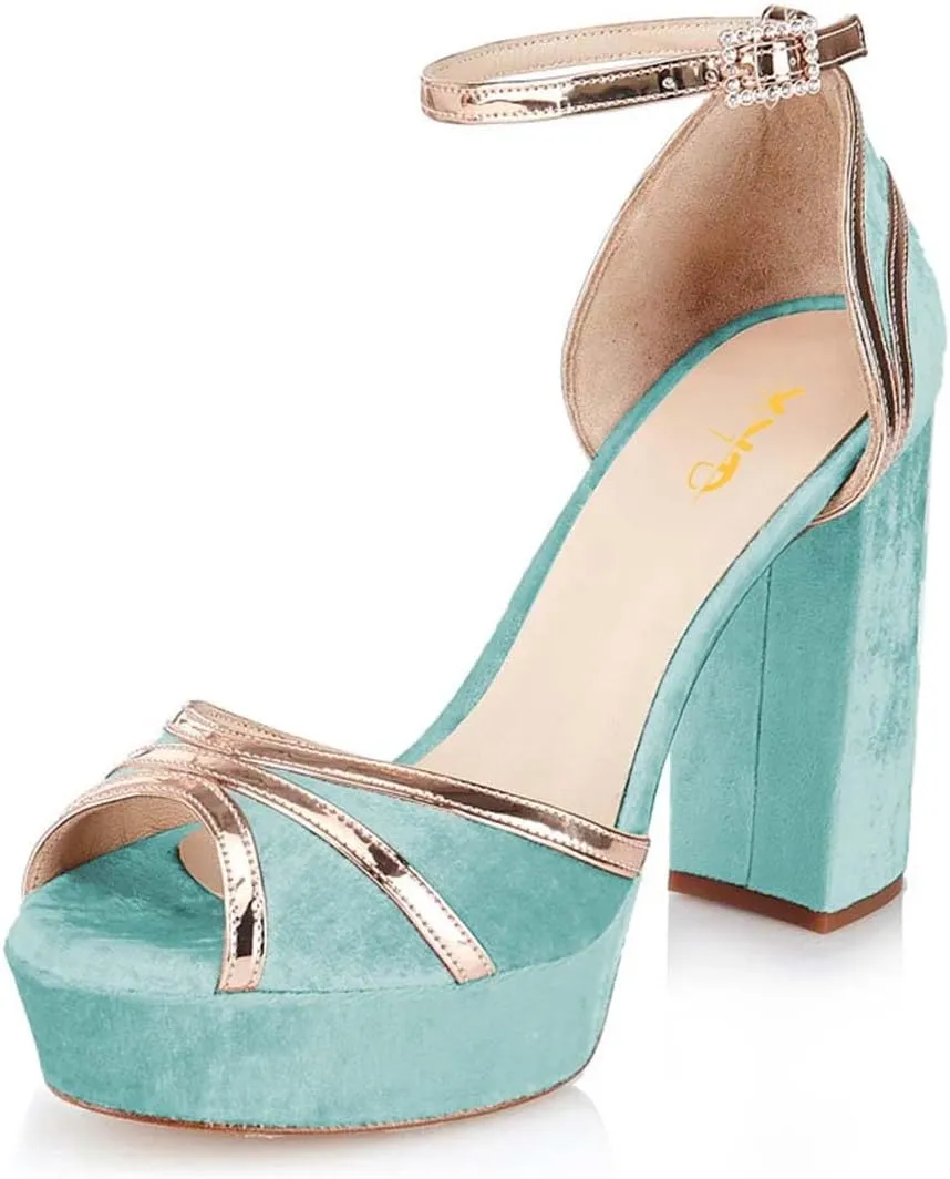 XYD Women Plated Block Heel Peep Toe Velvet Sandals Ankle Strap Platform Buckle Pumps Elegant Party Bridal Shoes