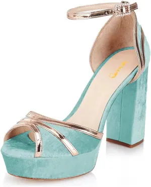 XYD Women Plated Block Heel Peep Toe Velvet Sandals Ankle Strap Platform Buckle Pumps Elegant Party Bridal Shoes