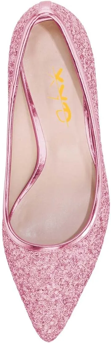 XYD Women Sparkly Glitter Closed Pointed Toe Slip On Pumps Mid Scallop Shape Heel Elegant Party Ballroom Cocktail Dressy Shoes