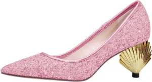 XYD Women Sparkly Glitter Closed Pointed Toe Slip On Pumps Mid Scallop Shape Heel Elegant Party Ballroom Cocktail Dressy Shoes