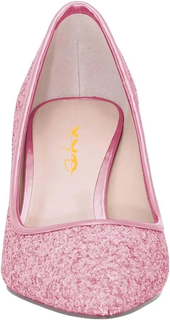 XYD Women Sparkly Glitter Closed Pointed Toe Slip On Pumps Mid Scallop Shape Heel Elegant Party Ballroom Cocktail Dressy Shoes