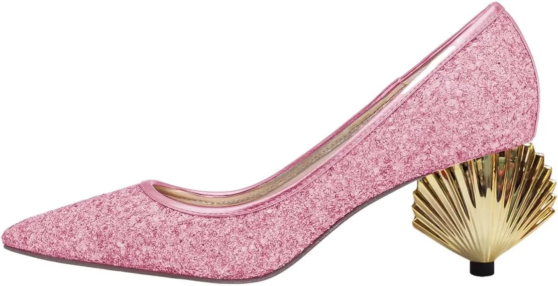 XYD Women Sparkly Glitter Closed Pointed Toe Slip On Pumps Mid Scallop Shape Heel Elegant Party Ballroom Cocktail Dressy Shoes