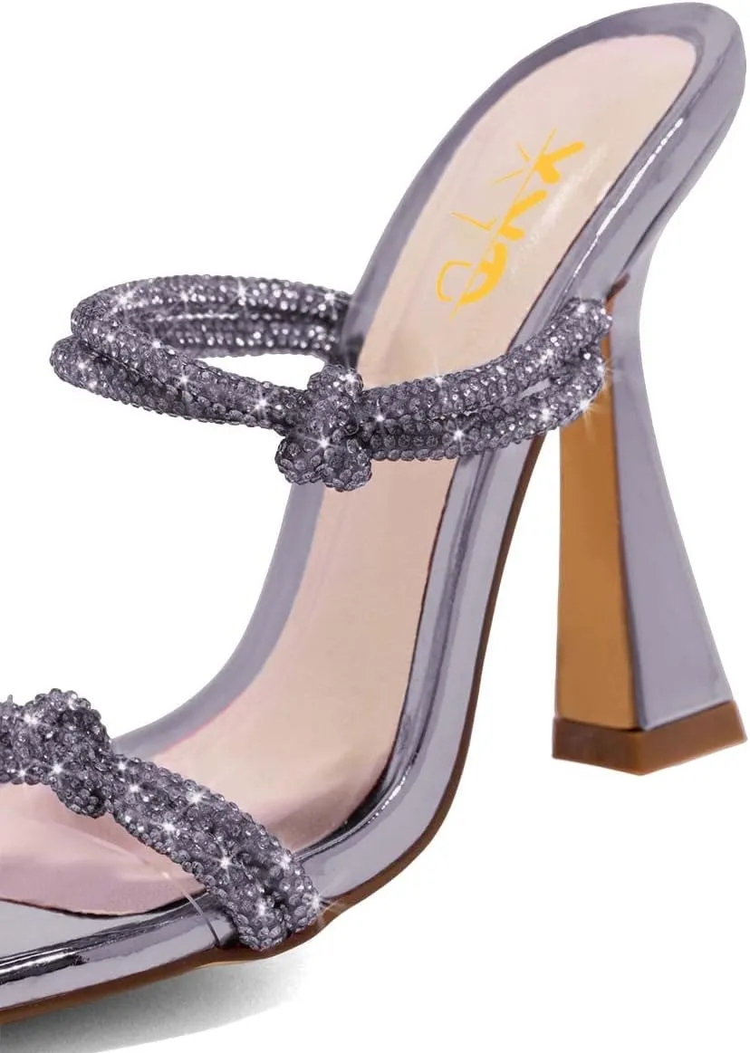 XYD Women Sparkly Rhinestones Open Square Toe Sandals High Spool Heel Slip On PVC Double Straps Pumps Party Event Elegant Shoes