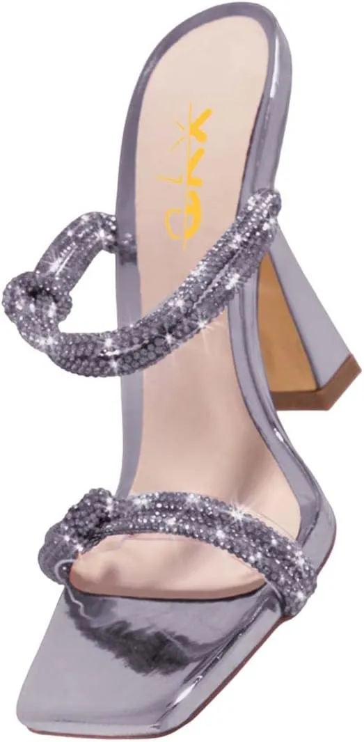 XYD Women Sparkly Rhinestones Open Square Toe Sandals High Spool Heel Slip On PVC Double Straps Pumps Party Event Elegant Shoes