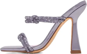 XYD Women Sparkly Rhinestones Open Square Toe Sandals High Spool Heel Slip On PVC Double Straps Pumps Party Event Elegant Shoes
