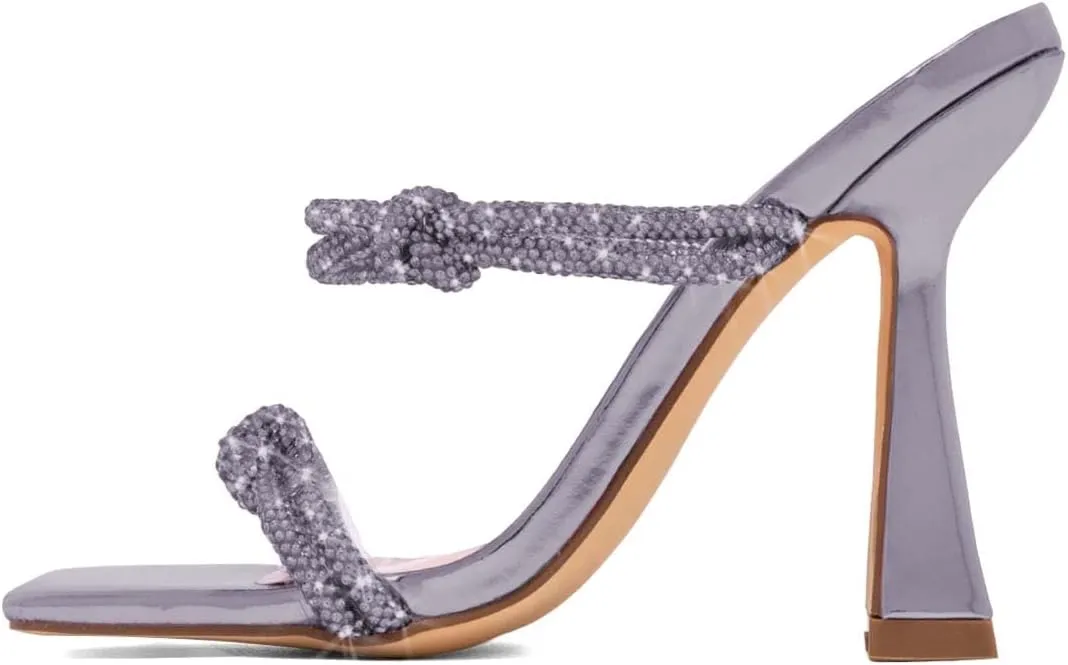 XYD Women Sparkly Rhinestones Open Square Toe Sandals High Spool Heel Slip On PVC Double Straps Pumps Party Event Elegant Shoes