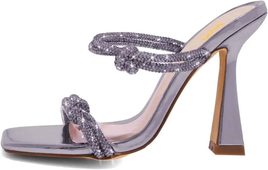 XYD Women Sparkly Rhinestones Open Square Toe Sandals High Spool Heel Slip On PVC Double Straps Pumps Party Event Elegant Shoes