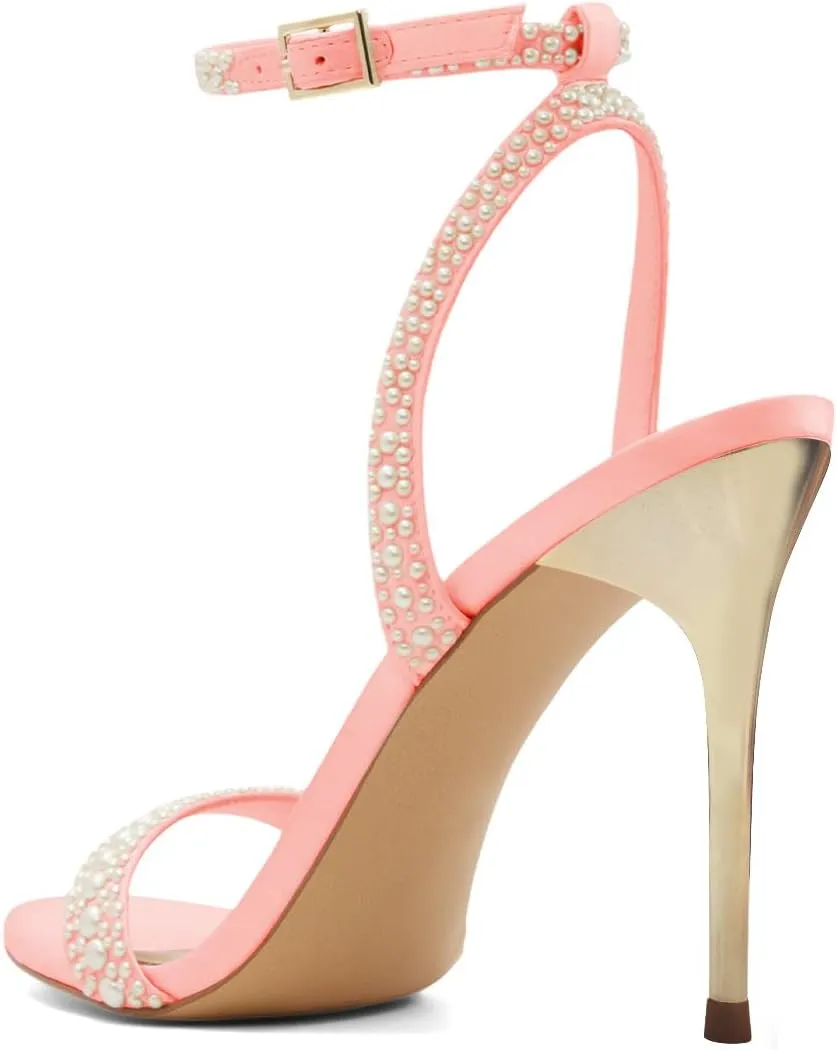 XYD Women Stiletto Heels Open Toe Pearl Sandals Ankle Strap Pumps with Buckle Bridal Party Elegant Shoes