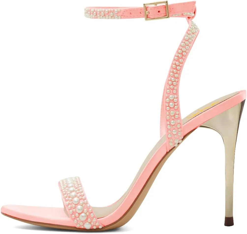 XYD Women Stiletto Heels Open Toe Pearl Sandals Ankle Strap Pumps with Buckle Bridal Party Elegant Shoes