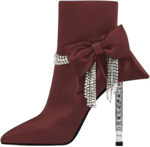 XYD Women Trendy Rhinestones Tassels Ankle Boots Bow High Crystal Heel Closed Pointed Toe Side Zipper Short Bootie Winter Elegant Dress Shoes
