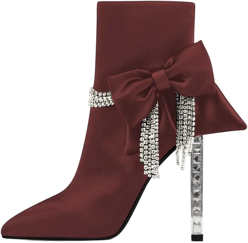 XYD Women Trendy Rhinestones Tassels Ankle Boots Bow High Crystal Heel Closed Pointed Toe Side Zipper Short Bootie Winter Elegant Dress Shoes