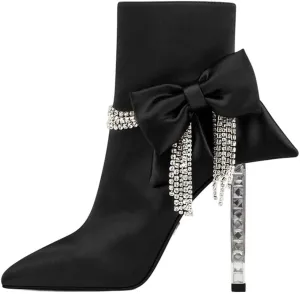 XYD Women Trendy Rhinestones Tassels Ankle Boots Bow High Crystal Heel Closed Pointed Toe Side Zipper Short Bootie Winter Elegant Dress Shoes