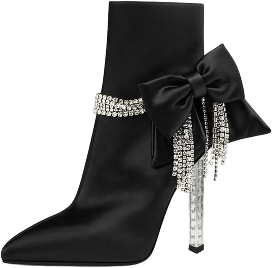 XYD Women Trendy Rhinestones Tassels Ankle Boots Bow High Crystal Heel Closed Pointed Toe Side Zipper Short Bootie Winter Elegant Dress Shoes