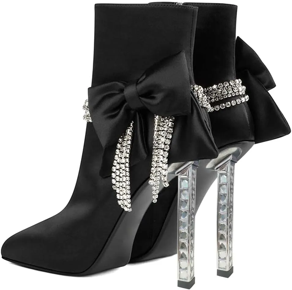 XYD Women Trendy Rhinestones Tassels Ankle Boots Bow High Crystal Heel Closed Pointed Toe Side Zipper Short Bootie Winter Elegant Dress Shoes