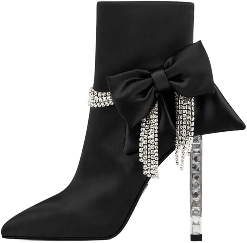 XYD Women Trendy Rhinestones Tassels Ankle Boots Bow High Crystal Heel Closed Pointed Toe Side Zipper Short Bootie Winter Elegant Dress Shoes