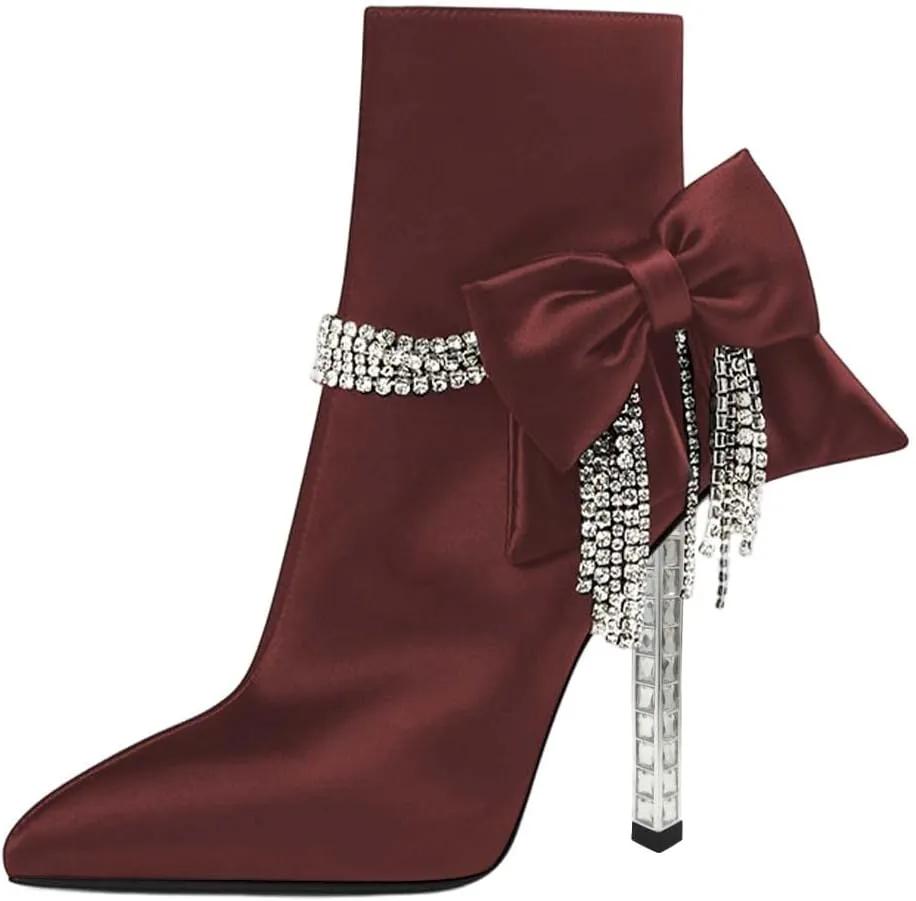 XYD Women Trendy Rhinestones Tassels Ankle Boots Bow High Crystal Heel Closed Pointed Toe Side Zipper Short Bootie Winter Elegant Dress Shoes