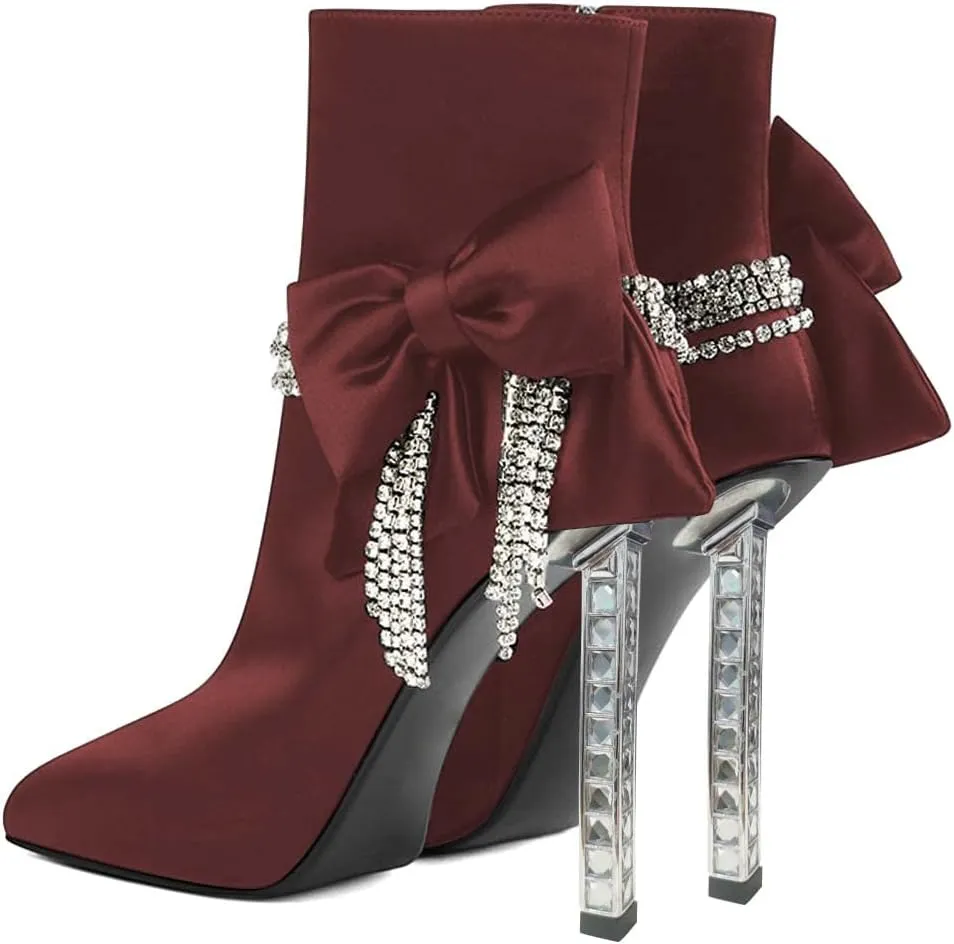 XYD Women Trendy Rhinestones Tassels Ankle Boots Bow High Crystal Heel Closed Pointed Toe Side Zipper Short Bootie Winter Elegant Dress Shoes