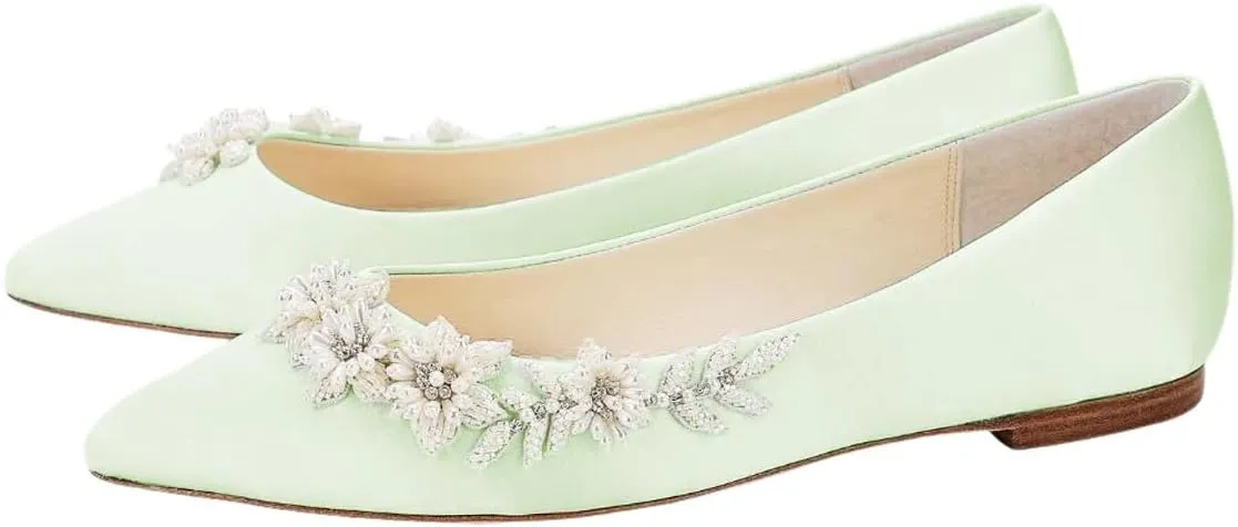 XYD Women Wedding Flats Floral Pearl Embellishment Elegant Pointed Toe Slip-ons Satin Bridal Prom Shoes