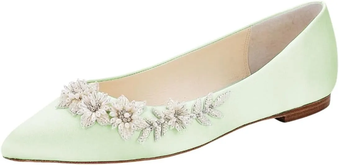 XYD Women Wedding Flats Floral Pearl Embellishment Elegant Pointed Toe Slip-ons Satin Bridal Prom Shoes