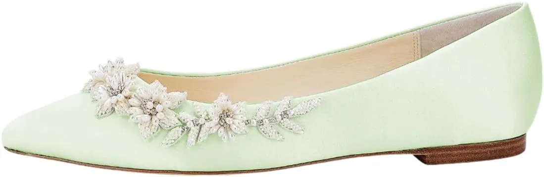 XYD Women Wedding Flats Floral Pearl Embellishment Elegant Pointed Toe Slip-ons Satin Bridal Prom Shoes