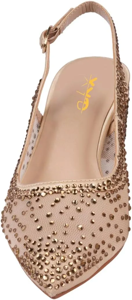 XYD Women's Elegant Rhinestone Pumps Sheer Mesh Slingback Block Low Heels Pointed Toe Slip On Crystal Bridal Wedding Shoes