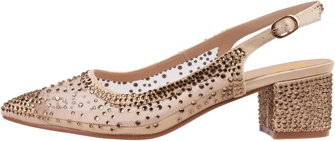 XYD Women's Elegant Rhinestone Pumps Sheer Mesh Slingback Block Low Heels Pointed Toe Slip On Crystal Bridal Wedding Shoes