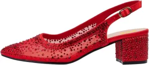XYD Women's Elegant Rhinestone Pumps Sheer Mesh Slingback Block Low Heels Pointed Toe Slip On Crystal Bridal Wedding Shoes