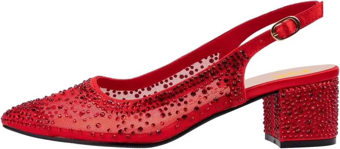XYD Women's Elegant Rhinestone Pumps Sheer Mesh Slingback Block Low Heels Pointed Toe Slip On Crystal Bridal Wedding Shoes